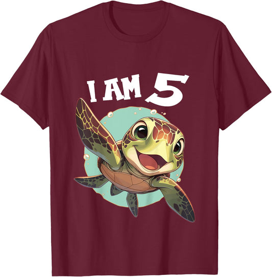 Kids 5 Years old 5 birthday Sea Turtles Boy Girl Sea Turtle T-Shirt - T-Shirt | Maroon