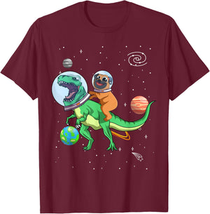 T-Rex Dinosaur In the Outer Space Astronaut Dog Pug Women Kids T-Shirt - T-Shirt | Maroon