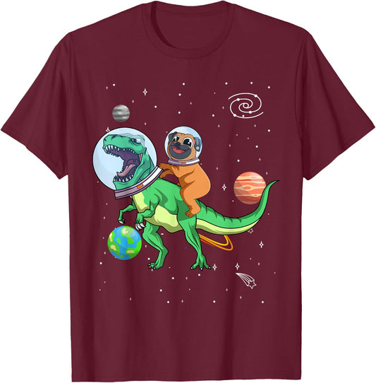 T-Rex Dinosaur In the Outer Space Astronaut Dog Pug Women Kids T-Shirt - T-Shirt | Maroon