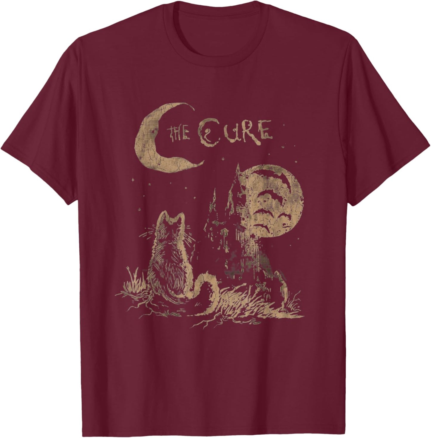 Midnight Cure Gothic Black Cat Retro Graphic T-Shirt - T-Shirt | Maroon
