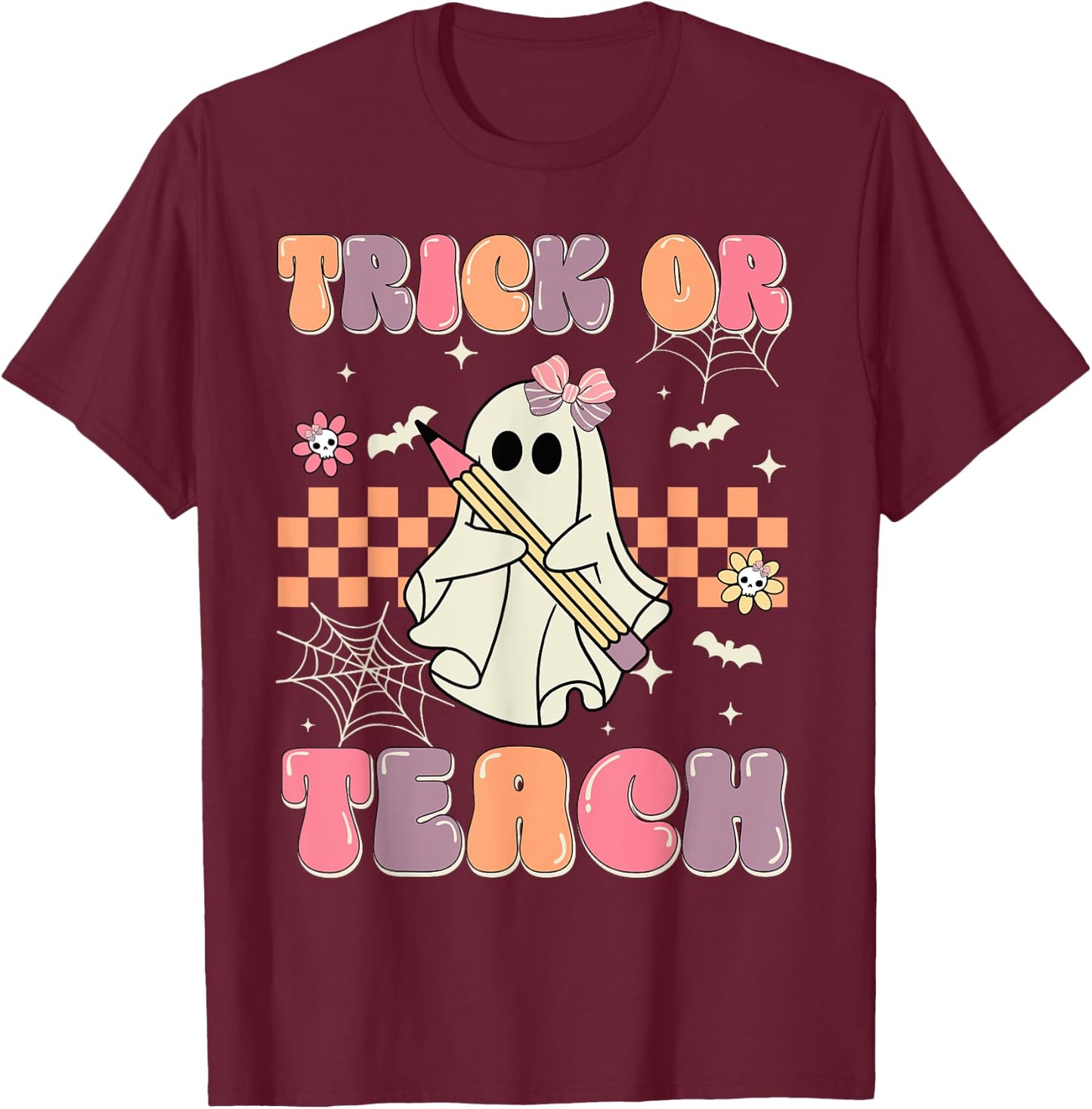 Funny Halloween Teachers Trick Or Teach Groovy Ghost Women Kids T-Shirt - T-Shirt | Maroon