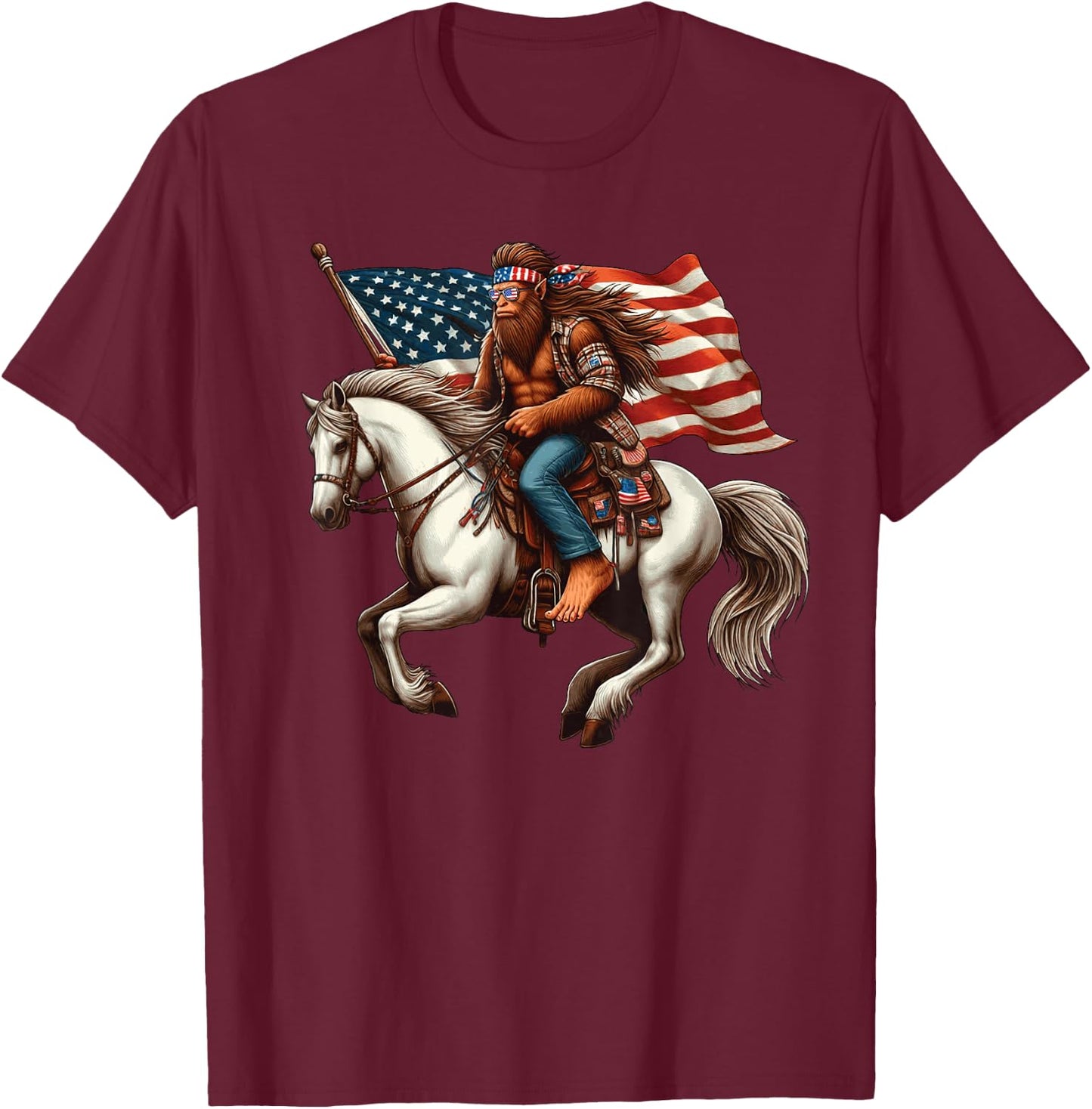 Funny Bigfoot Sasquatch USA Mullet Bandana Horse Riding T-Shirt - T-Shirt | Maroon