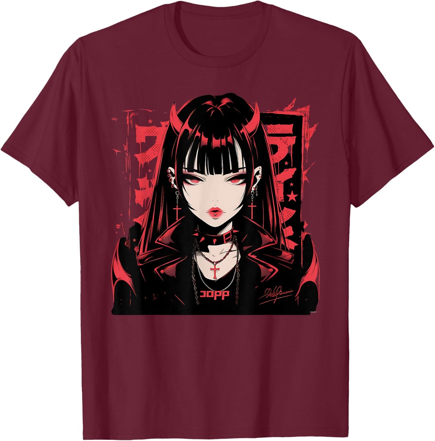 Goth Grunge Demon Anime Girl Waifu Horror Alt Aesthetic T-Shirt - T-Shirt | Maroon