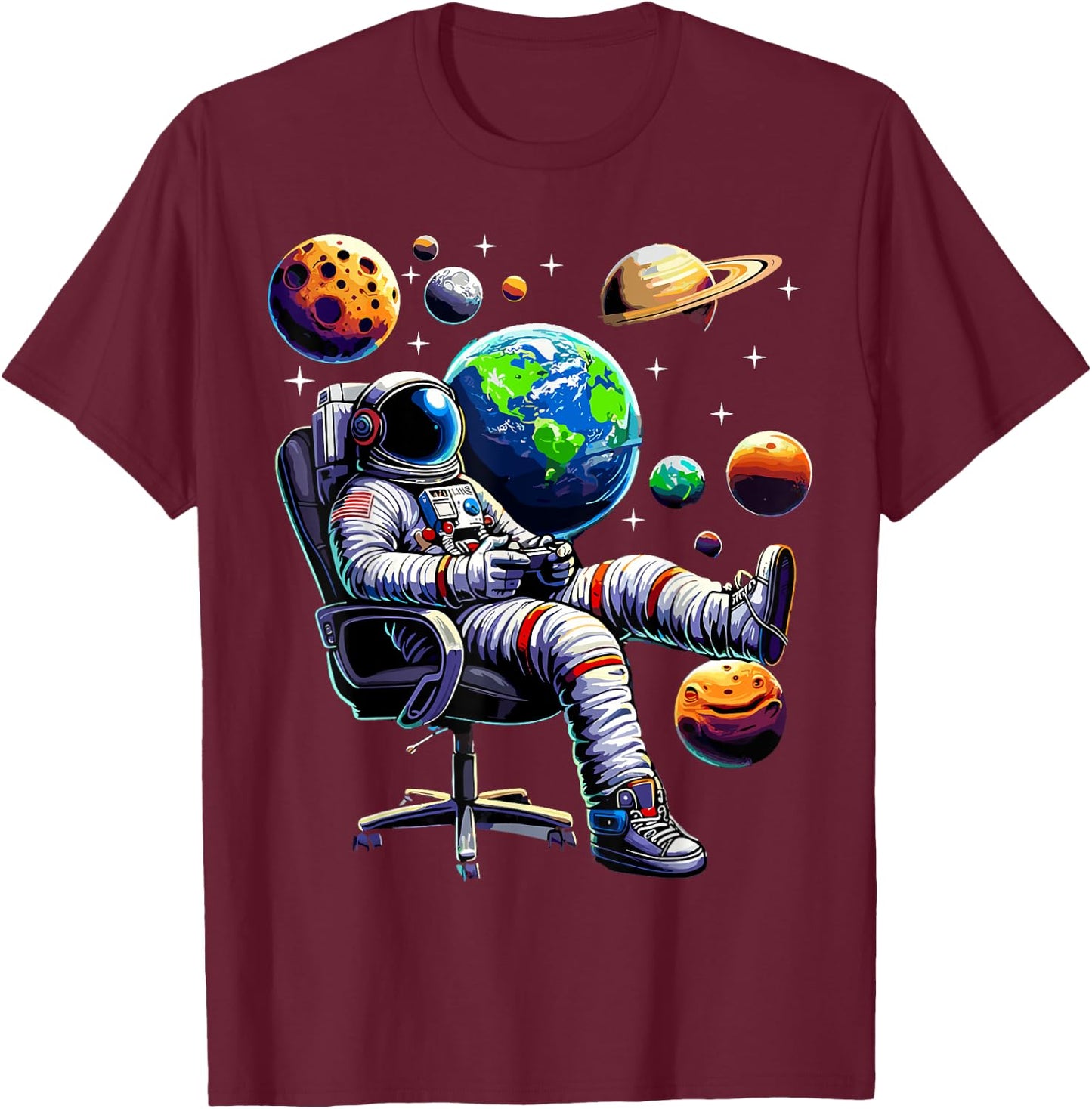 Astronaut Gamer Space Gaming System Planets T-Shirt - T-Shirt | Maroon