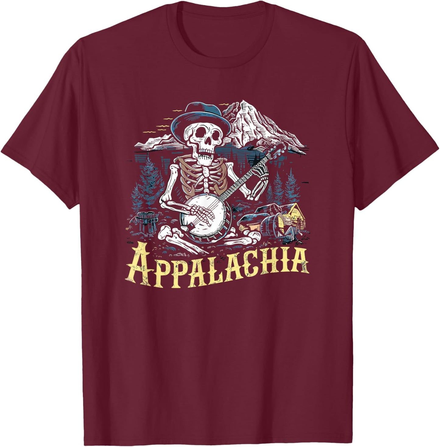 Bluegrass Banjo Skeleton, Appalachia Country Bluegrass Music T-Shirt - T-Shirt | Maroon