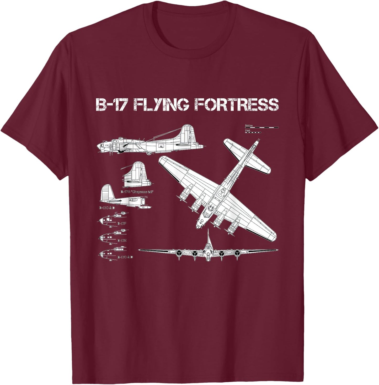 B-17 Flying Fortress WW2 Heavy Bomber Aircraft Blueprint T-Shirt - T-Shirt | Maroon