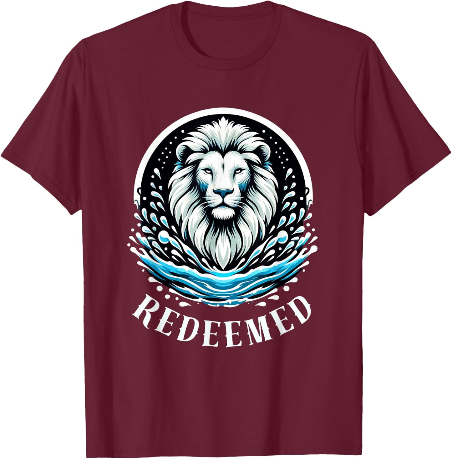 REDEEMED, LION Christian Men's Baptism T-Shirt - T-Shirt | Maroon