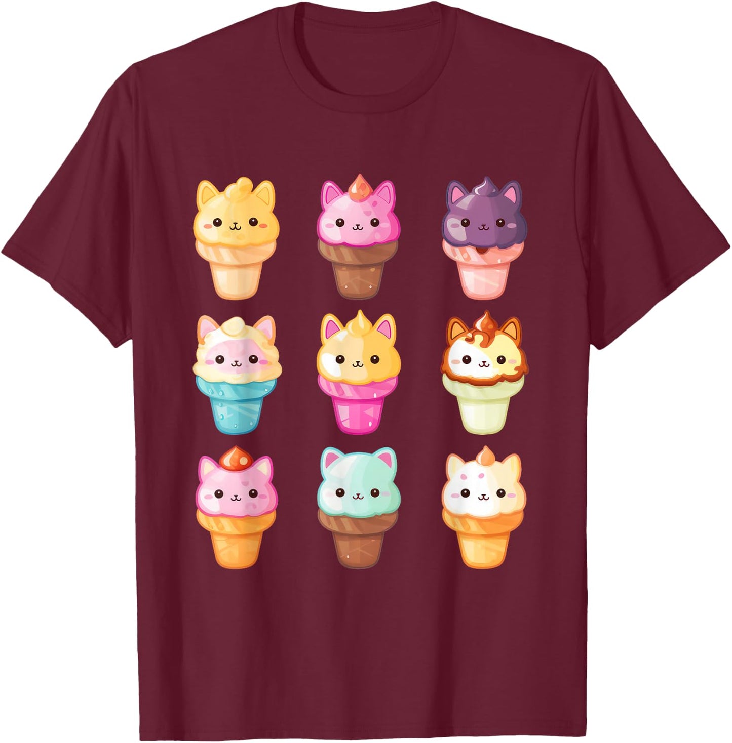 Kawaii Cat Ice Cream Sweets Food Lover Men Women Girls Kids T-Shirt - T-Shirt | Maroon