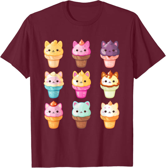 Kawaii Cat Ice Cream Sweets Food Lover Men Women Girls Kids T-Shirt - T-Shirt | Maroon