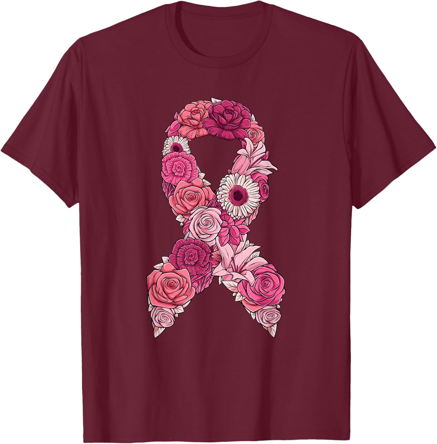 Pink Ribbon With Flowers Breast Cancer Awareness T-Shirt - T-Shirt | Maroon