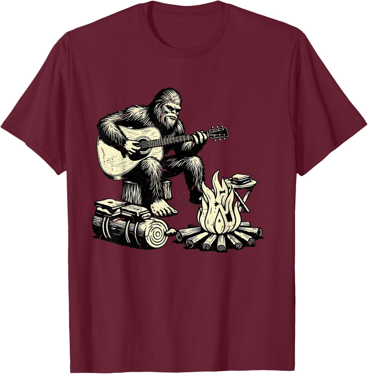 Camping Bigfoot Smore Rock Bigfoot Playing Guitar Campfire T-Shirt - T-Shirt | Maroon