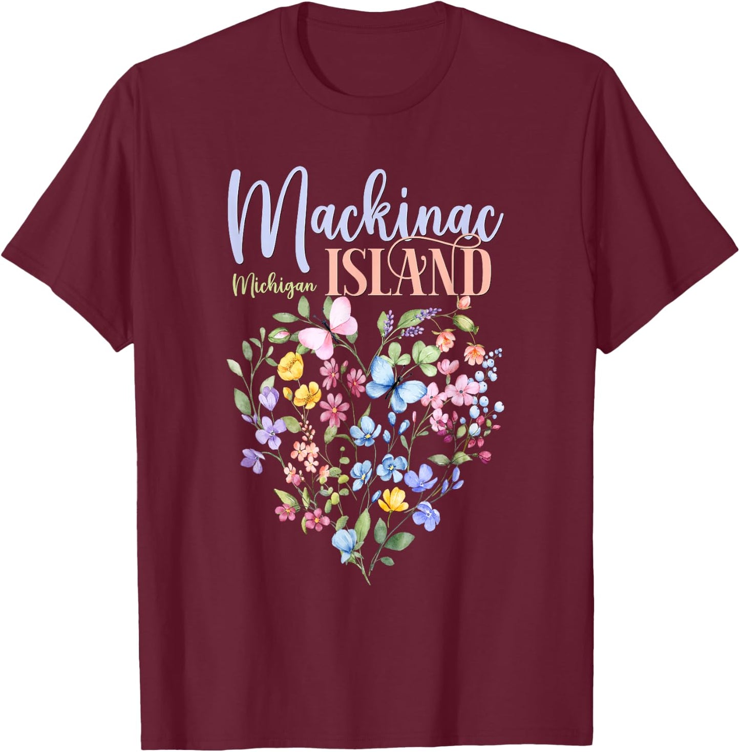 Mackinac Island Michigan Wildflowers Heart I Love Michigan T-Shirt - T-Shirt | Maroon