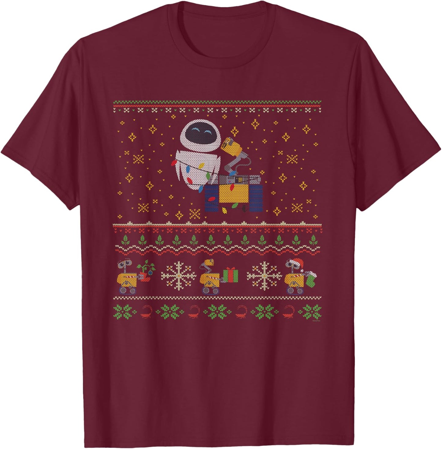 Disney PIXAR Wall-E & Eve Ugly Christmas Sweater Holiday T-Shirt - T-Shirt | Maroon