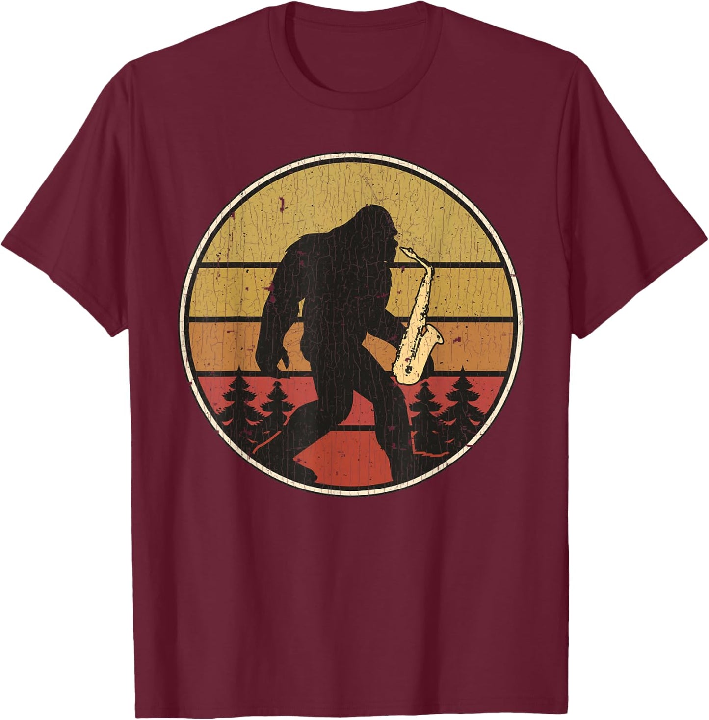 Saxsquatch Funny Bigfoot Saxophone Retro Sun Graphic T-Shirt - T-Shirt | Maroon