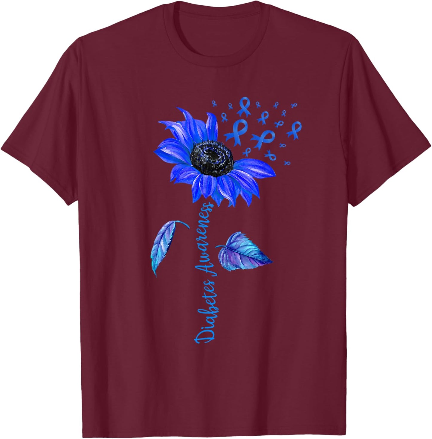 Sunflower Diabetes Awareness Support Blue Ribbon T1D Type 1 T-Shirt - T-Shirt | Maroon