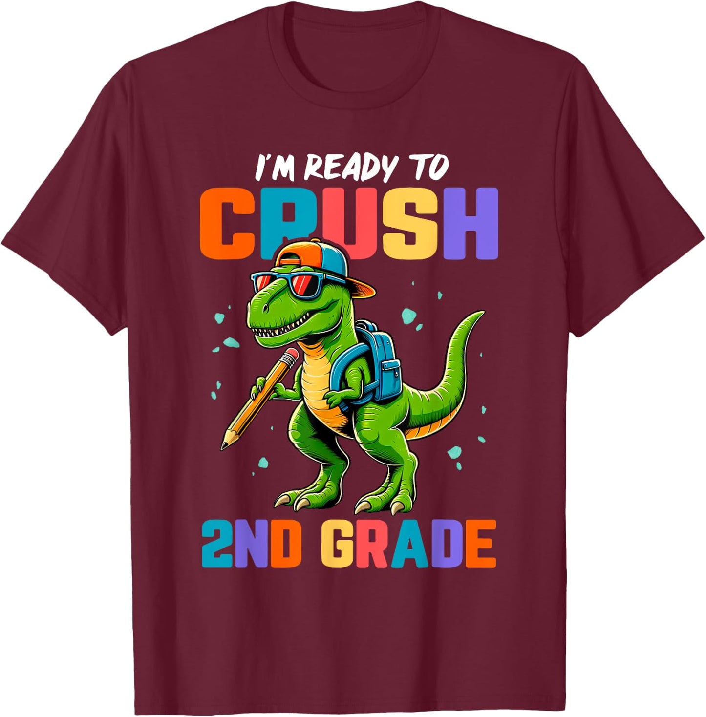 First Day of 2nd Grade Boys Kids Dinosaur Back To School T-Shirt - T-Shirt | Maroon