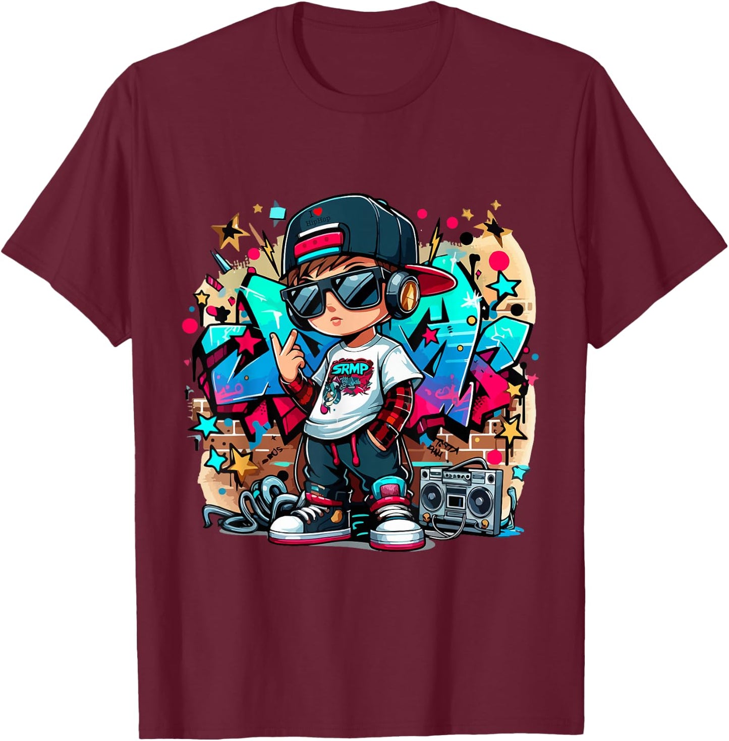Cool Hip Hop Guy with Graffiti Illustration Graphic Style T-Shirt - T-Shirt | Maroon