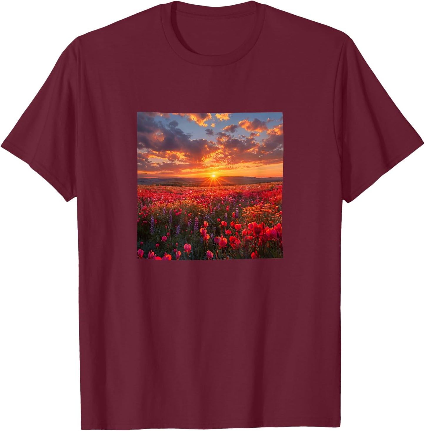 Bleeding Heart Flower Field Beautiful Sunset Graphic T-Shirt - T-Shirt | Maroon