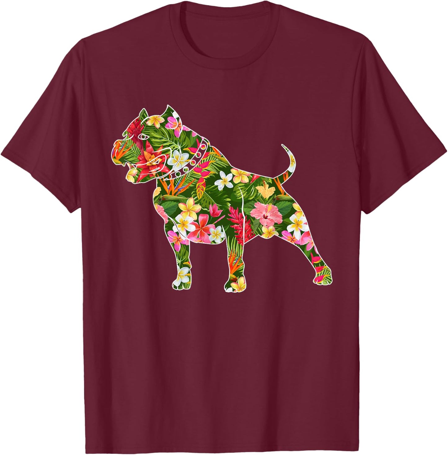 Cute Silhouette Of Pitbull Dog Hawaiian Floral Summer Vibes T-Shirt - T-Shirt | Maroon
