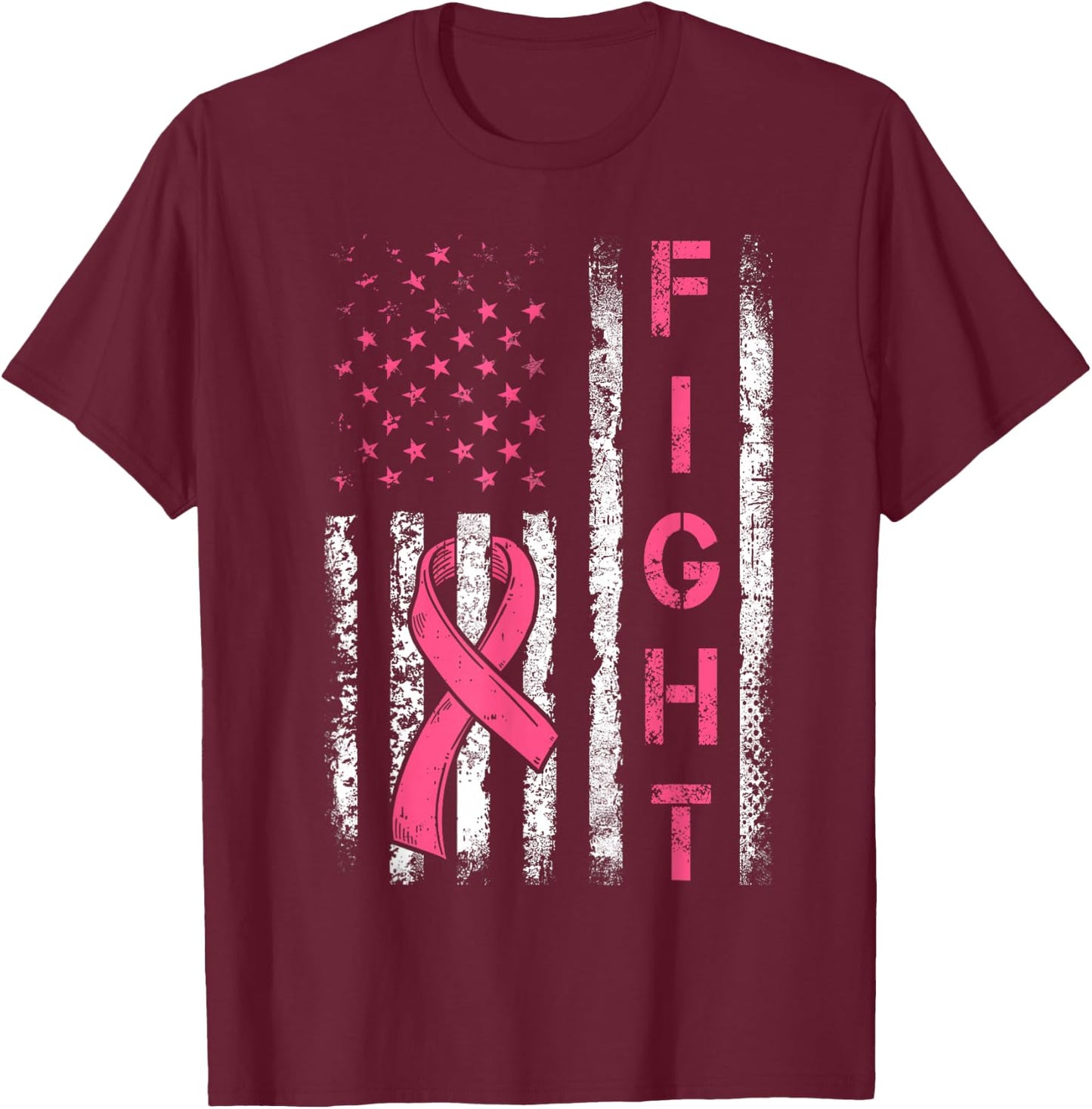 Fight Breast Cancer Awareness Pink Ribbon American Flag T-Shirt - T-Shirt | Maroon