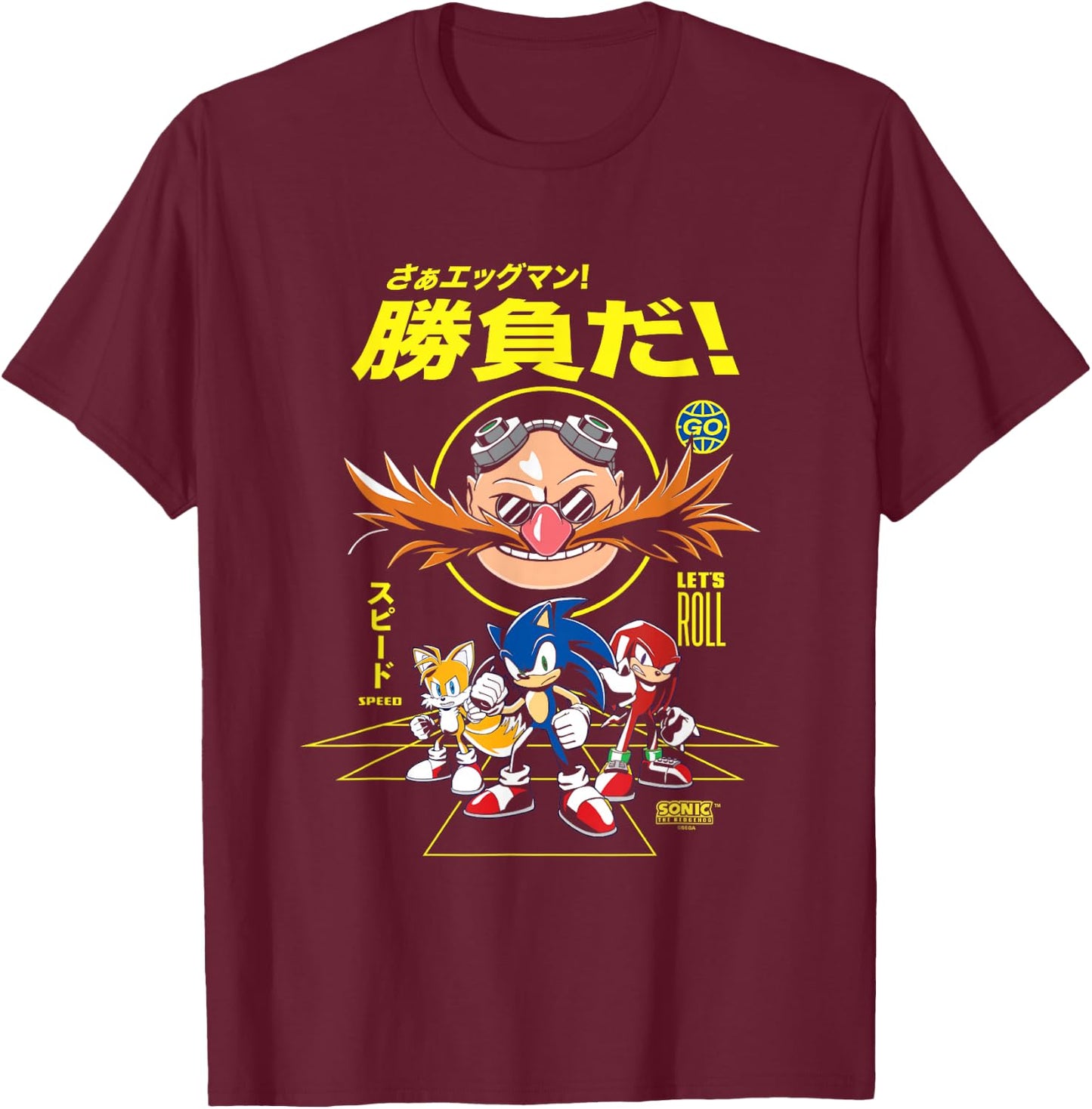 Sonic The Hedgehog Let's Roll Distressed Kanji Poster T-Shirt - T-Shirt | Maroon