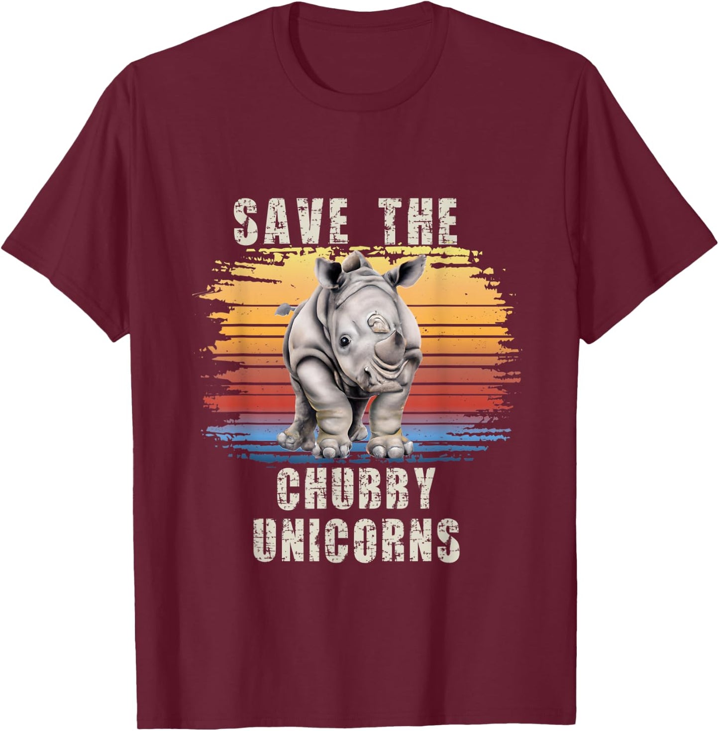 Save The Chubby Unicorns Retro Sunset Rhino Funny T-Shirt - T-Shirt | Maroon