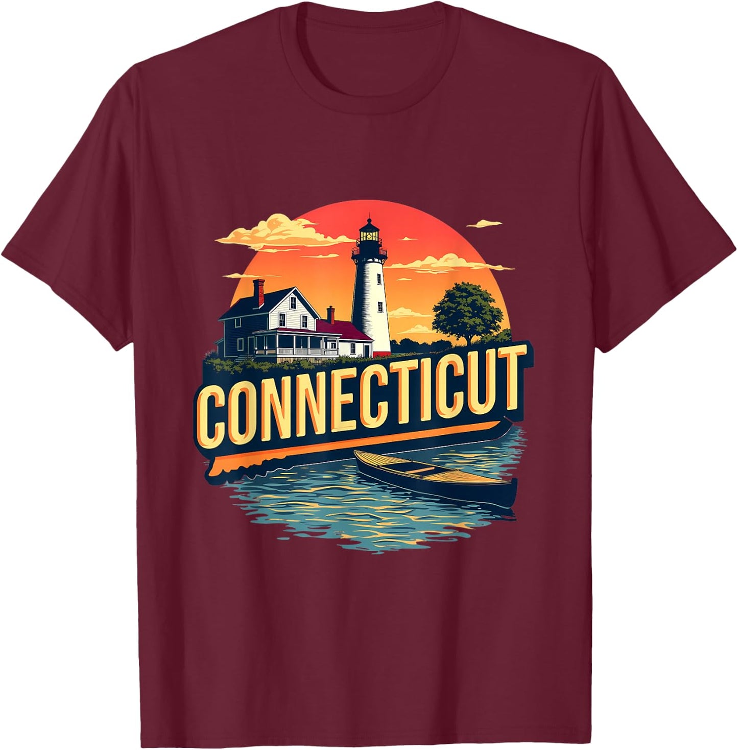 Connecticut Vintage Lighthouse Coastal Sunset Scenic T-Shirt - T-Shirt | Maroon