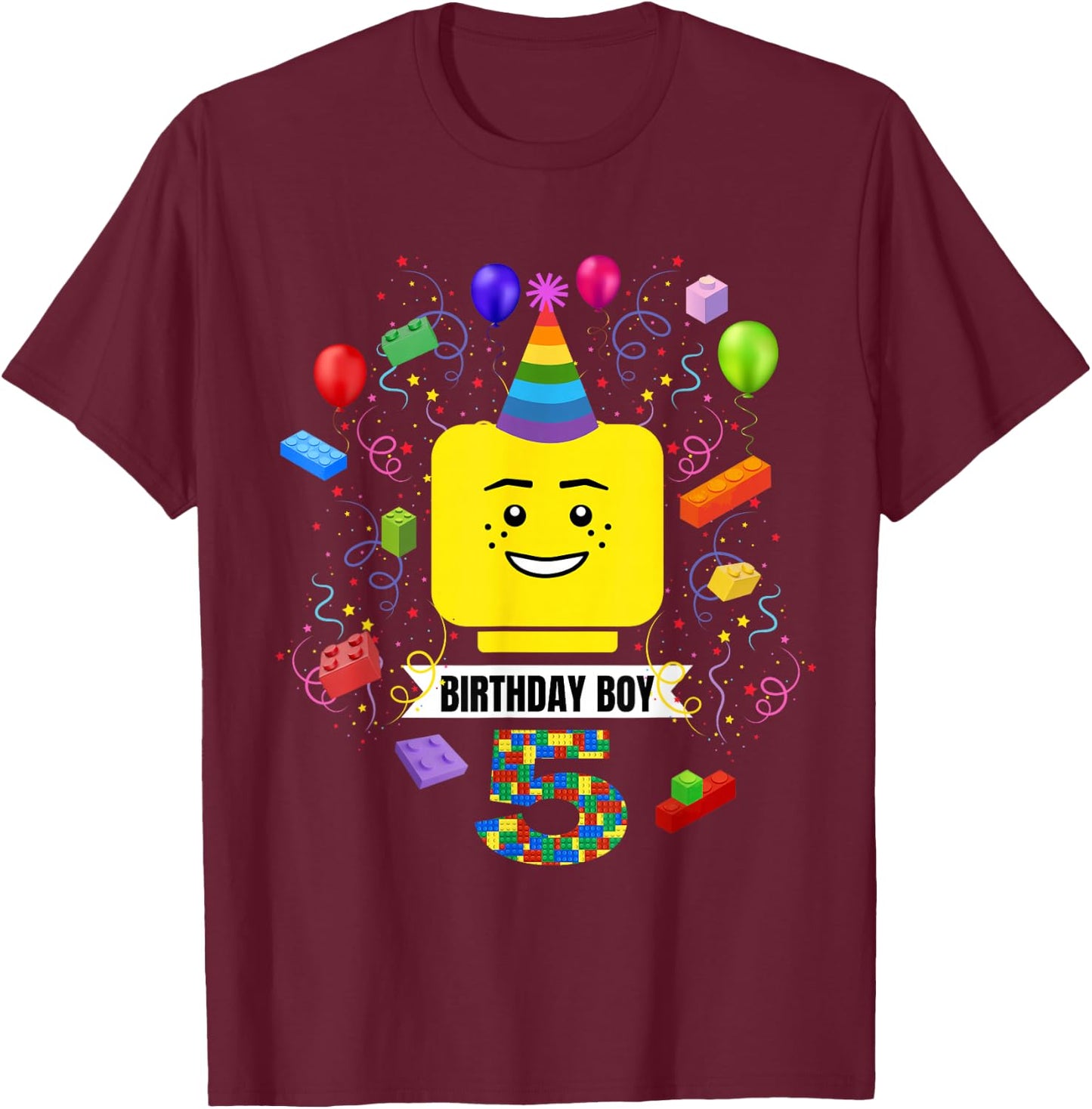 Building Bricks Birthday Boy 5 5th Master Builder Blocks T-Shirt - T-Shirt | Maroon
