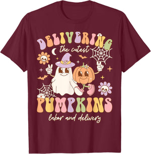 Delivering The Cutest Pumpkins Labor And Delivery Halloween T-Shirt - T-Shirt | Maroon