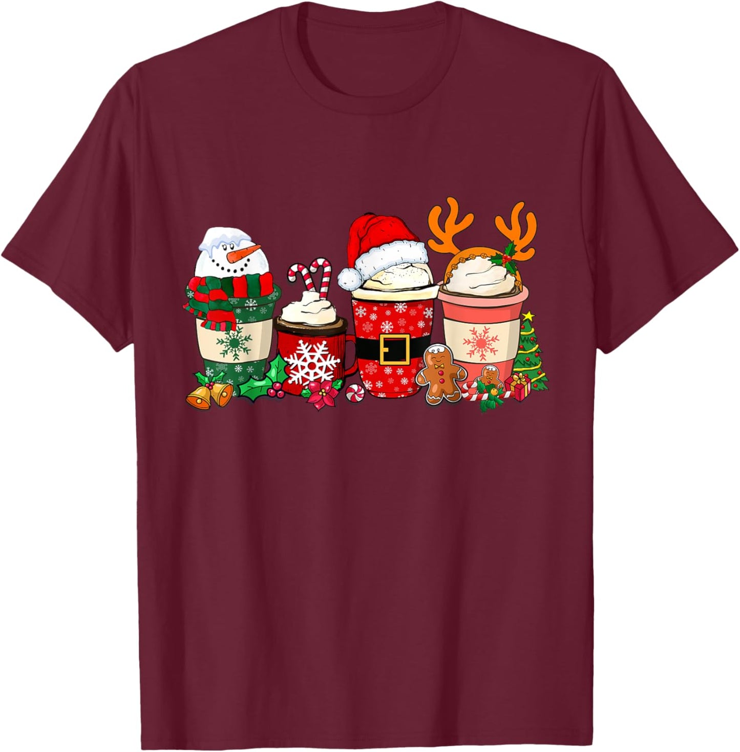 Cute Christmas Coffee Shirt Snowman Deer Santa Coffee Xmas T-Shirt - T-Shirt | Maroon