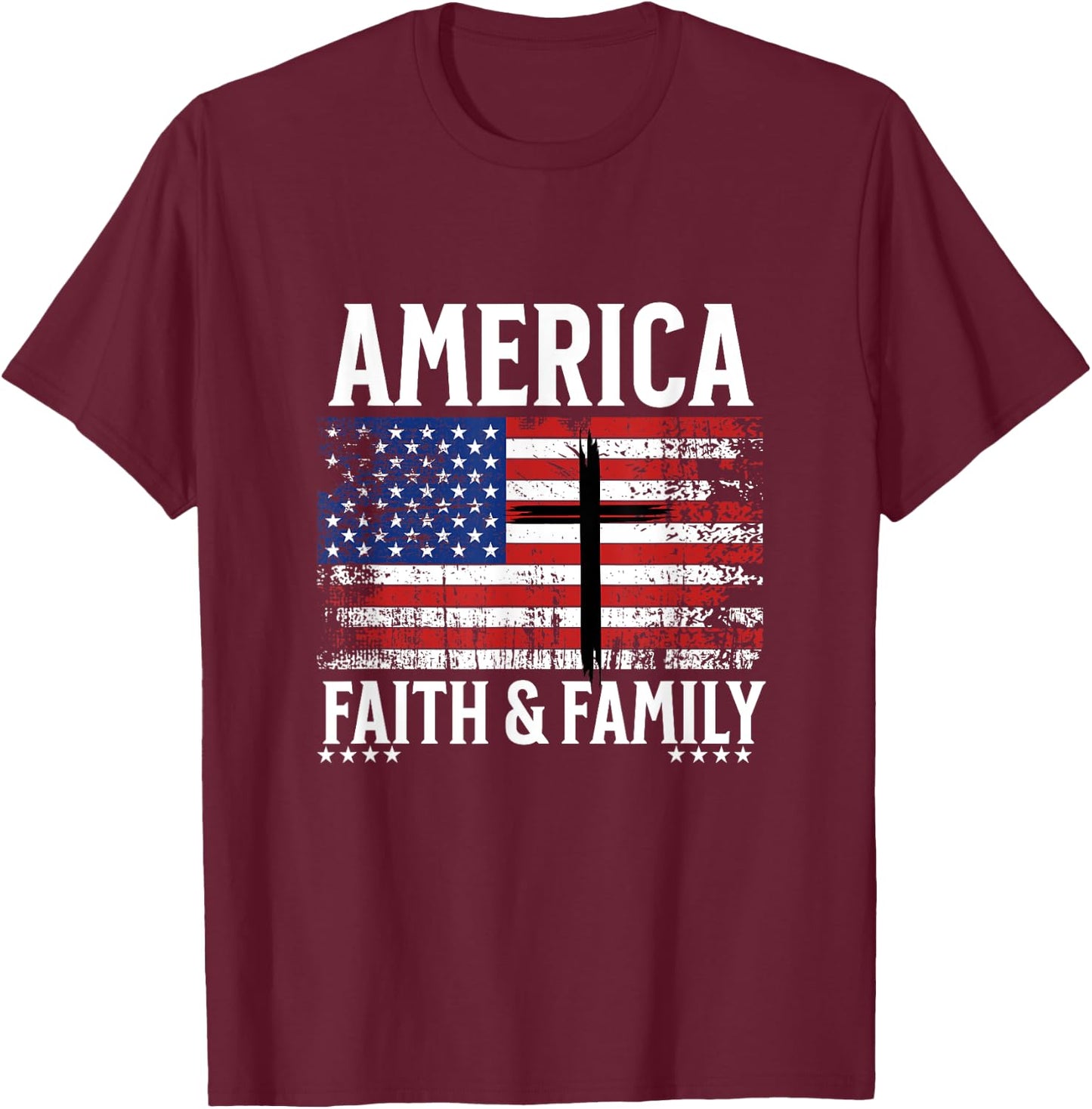 America Faith & Family Flag With Cross Patriotic 4th of July Kids Men T-Shirt - T-Shirt | Maroon