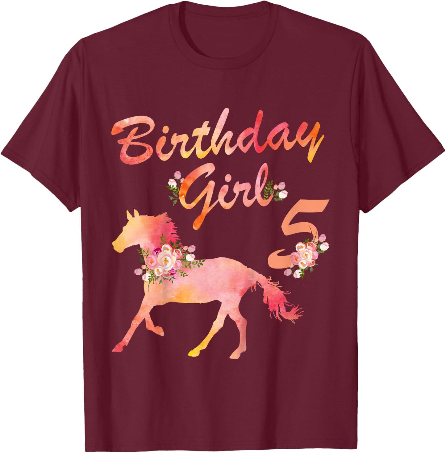 Horse Lover 5th Birthday For Girls Love Horses 5 Years Old T-Shirt - T-Shirt | Maroon