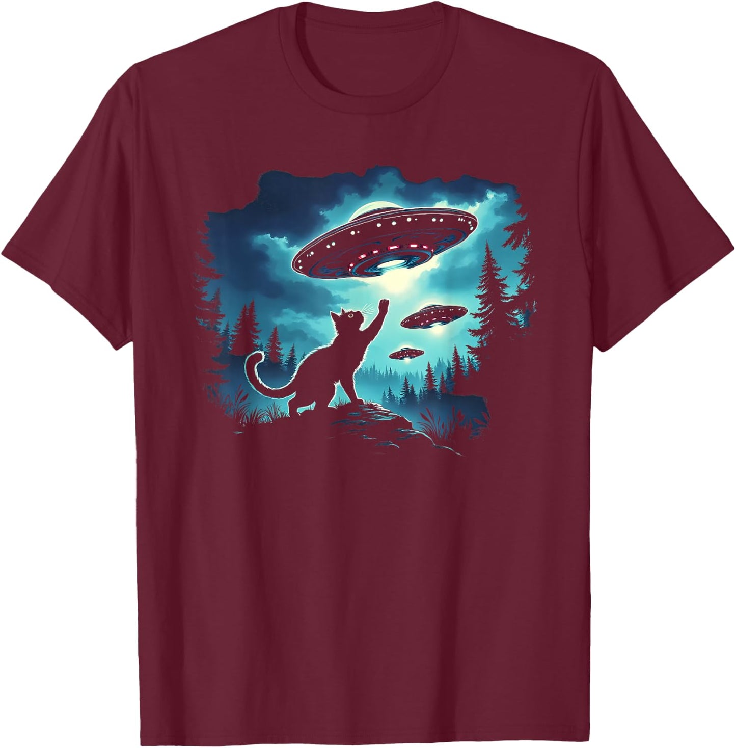 Alien Cat Playing With Ufo T-Shirt - T-Shirt | Maroon
