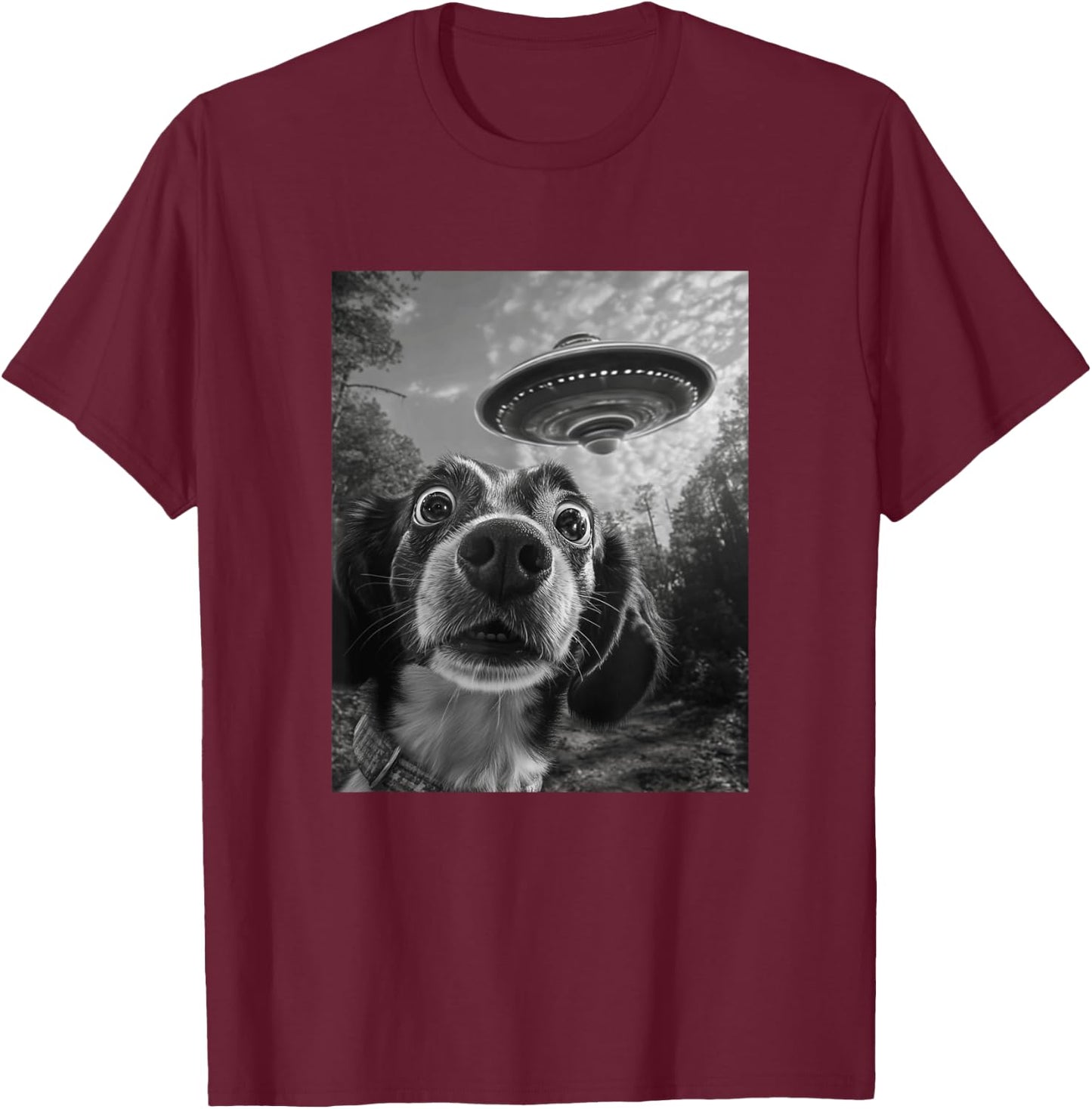 Dog UFO Meme - Funny Dog Selfie with UFO Men Women Kids T-Shirt - T-Shirt | Maroon