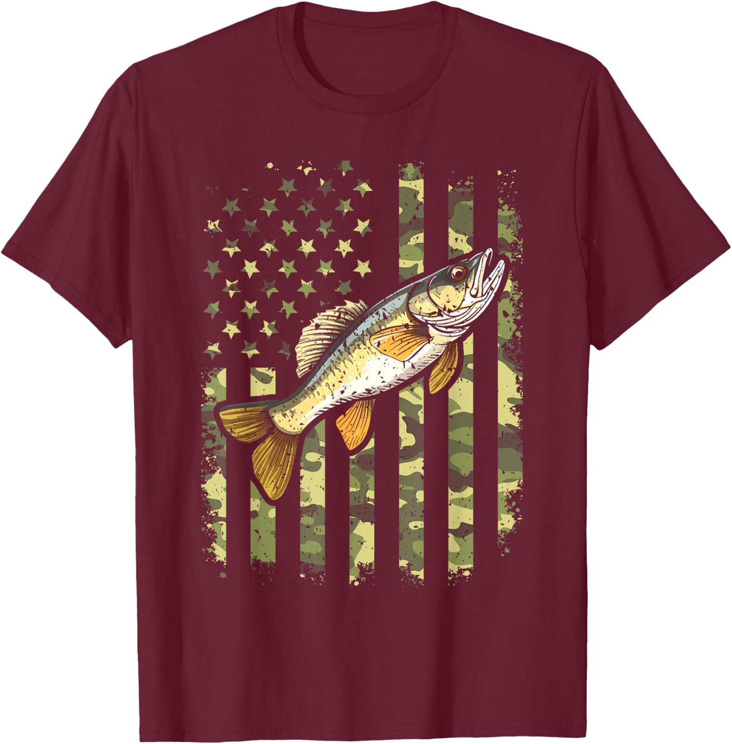 Walleye Camo American Flag, Fishing Walleye T-Shirt - T-Shirt | Maroon