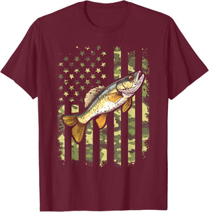 Walleye Camo American Flag, Fishing Walleye T-Shirt - T-Shirt | Maroon