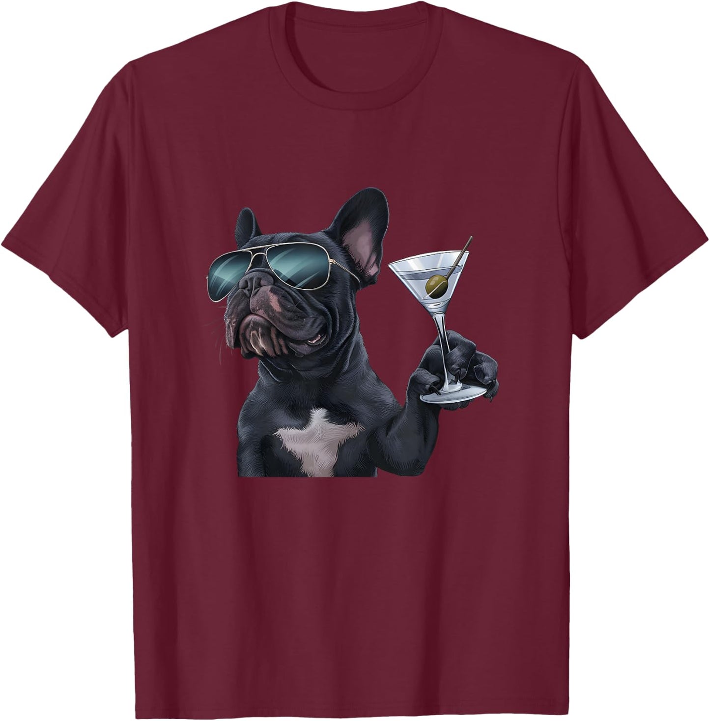 French Bulldog Drinking Martini T-Shirt - T-Shirt | Maroon