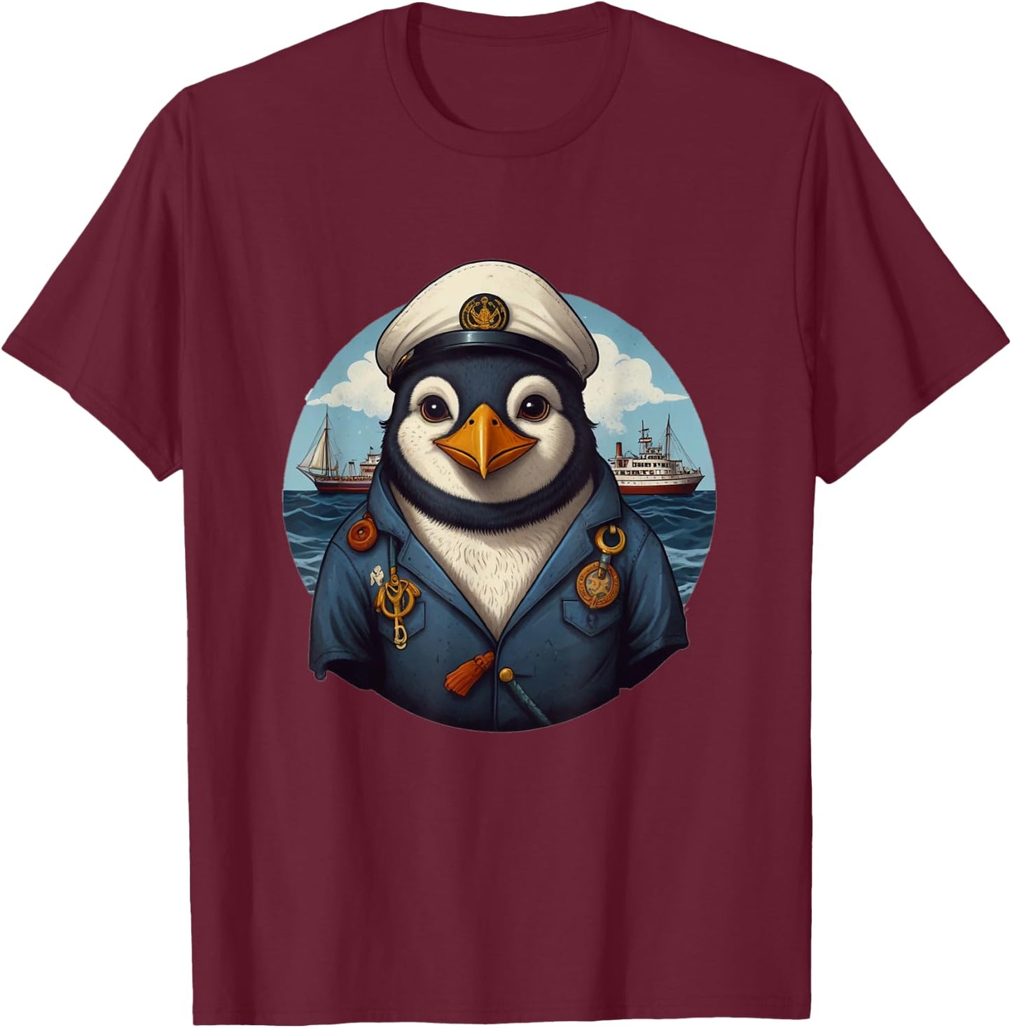 Penguin Captain Sailor on High Seas Coast Ship Anchor T-Shirt - T-Shirt | Maroon