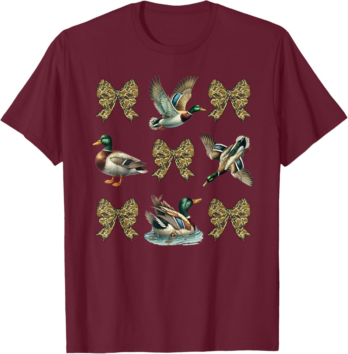 Mallard Duck Camouflage Camo Bow Duck Hunting Girls Camo T-Shirt - T-Shirt | Maroon