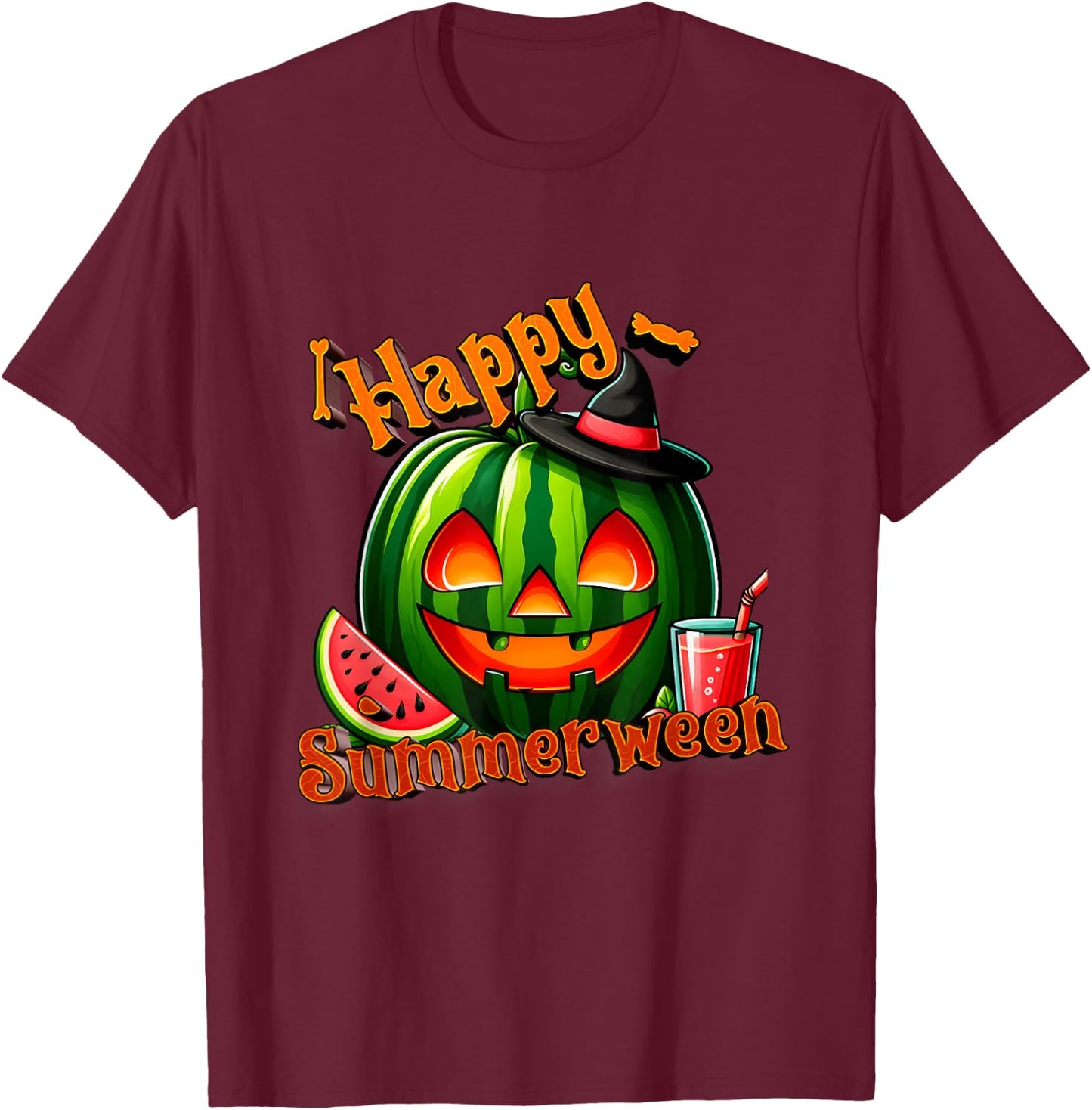 Summer ween Summer Watermelon Jack O Lantern Halloween Men Women T-Shirt - T-Shirt | Maroon