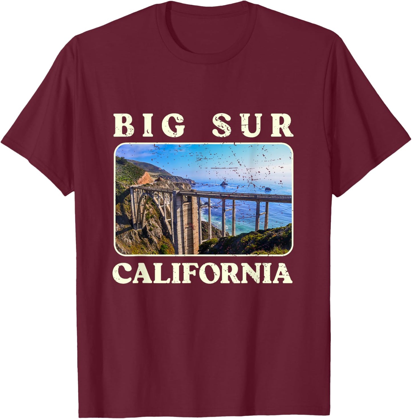 Vintage Bixby Bridge Landscape California Big Sur Travel T-Shirt - T-Shirt | Maroon