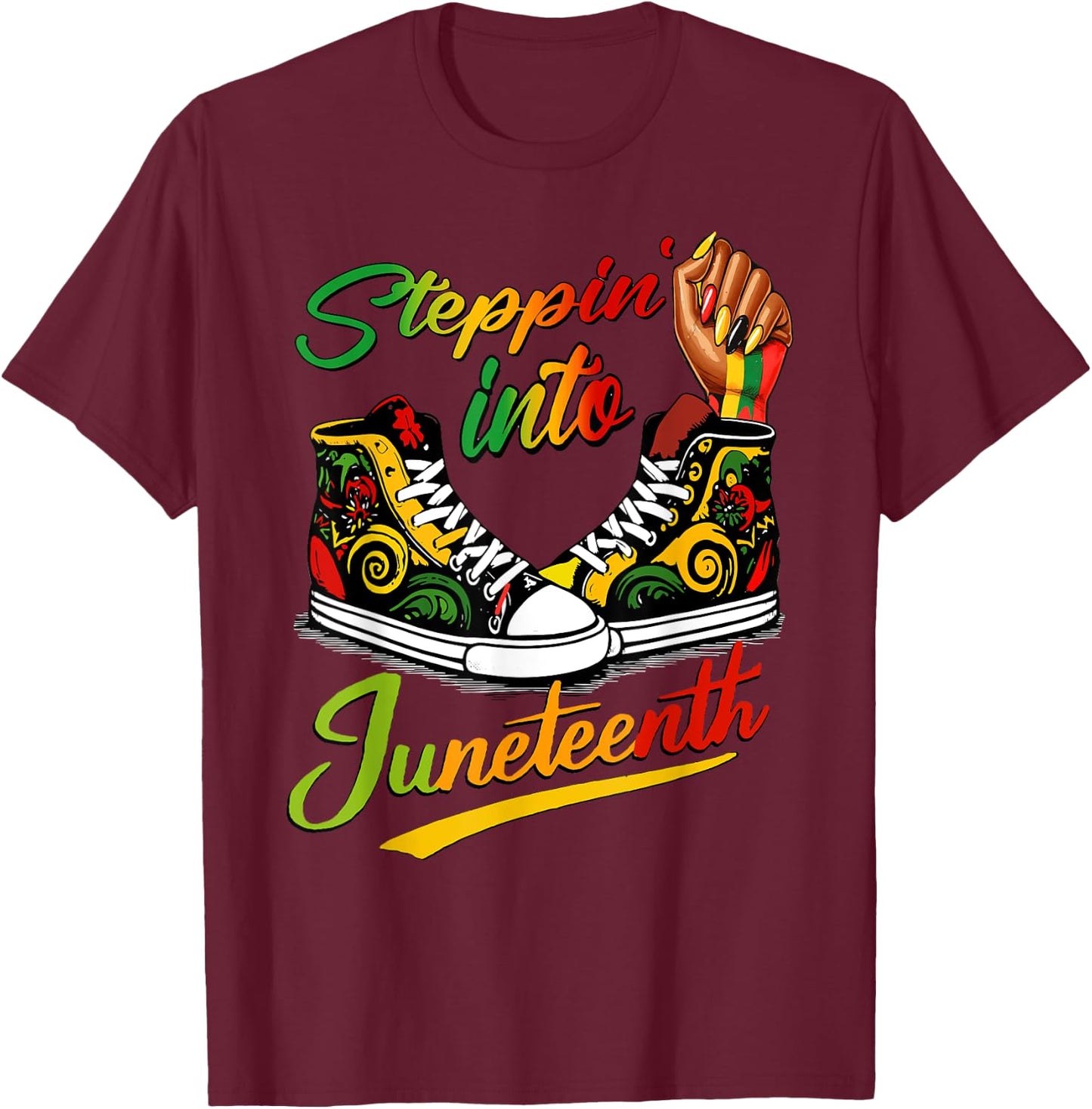 stepping into juneteenth Afro Woman Black Girls Sneakers T-Shirt - T-Shirt | Maroon