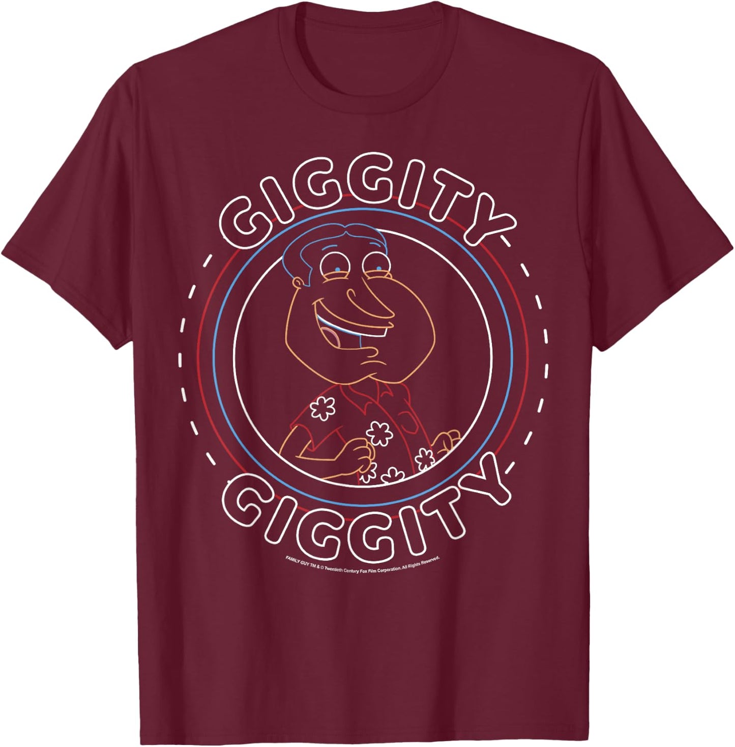 Family Guy Giggity Giggity Neon Outline Big Chest Round Logo T-Shirt - T-Shirt | Maroon