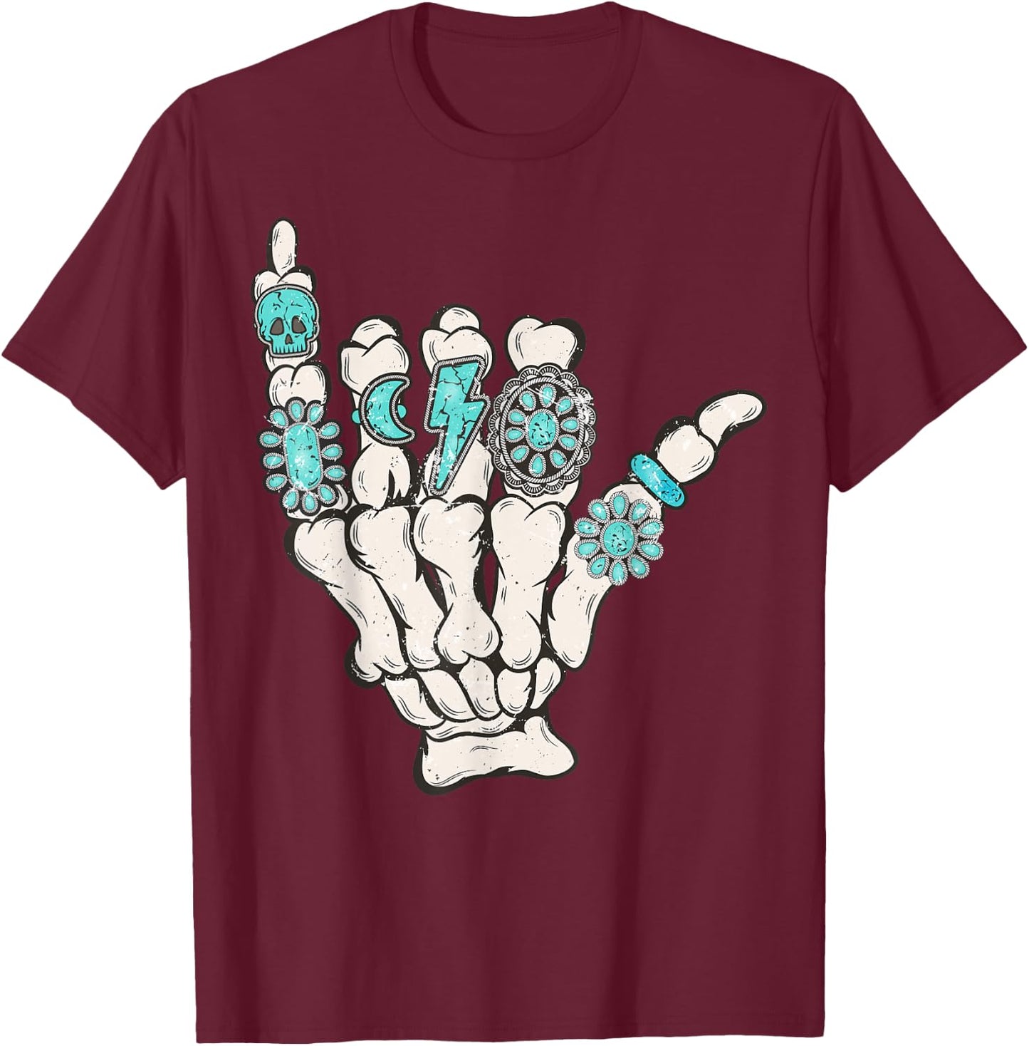 Skeleton Turquoise Hand Western Rodeo Cowboy Cowgirl T-Shirt - T-Shirt | Maroon