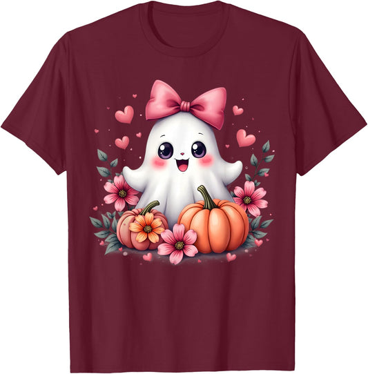 Cute Kawaii Ghost with Pink Bow Halloween Pumpkin Flowers T-Shirt - T-Shirt | Maroon