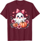 Cute Kawaii Ghost with Pink Bow Halloween Pumpkin Flowers T-Shirt - T-Shirt | Maroon
