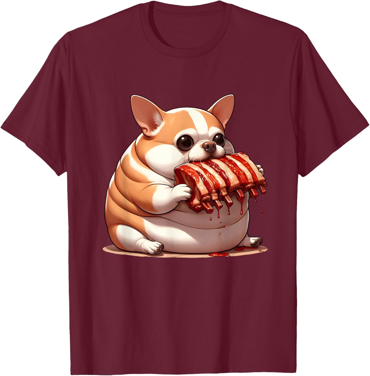 Fat Chihuahua Eating Spareribs , Small, Black T-Shirt - T-Shirt | Maroon