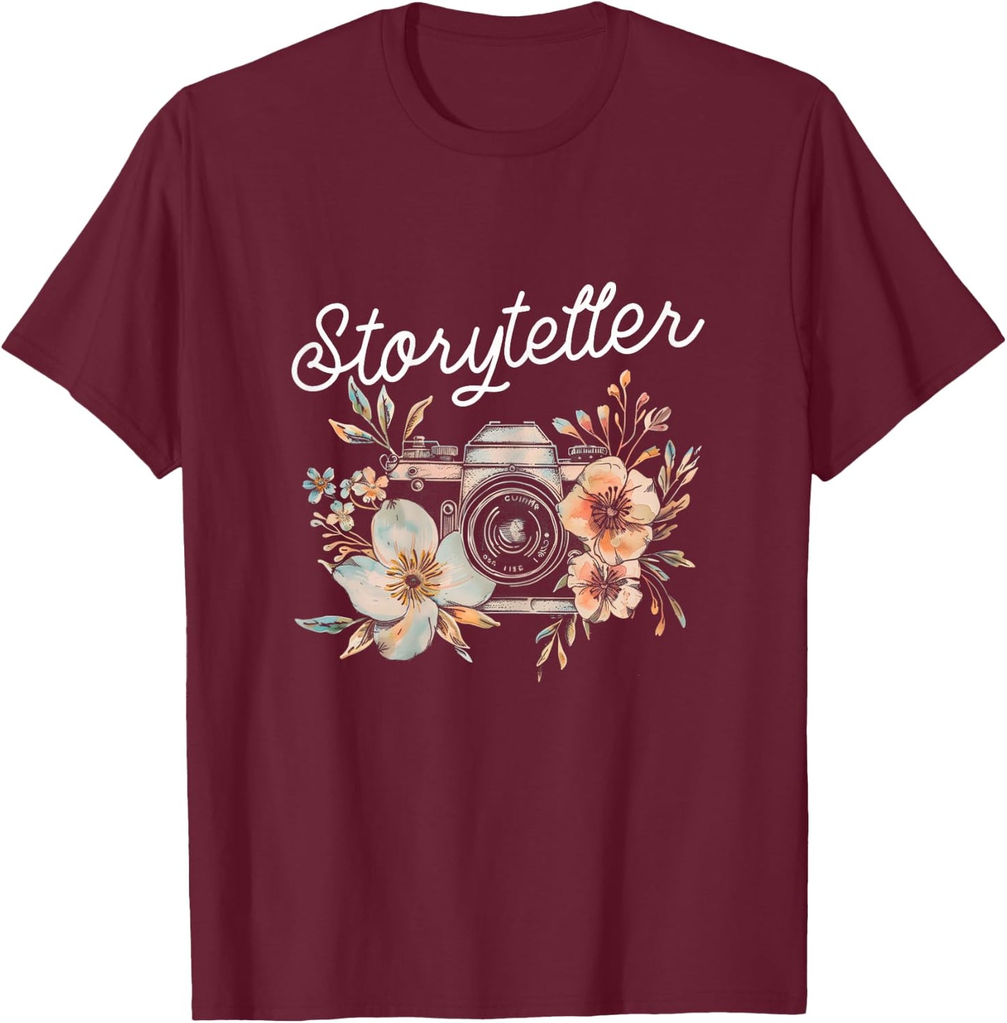 Photographer Storyteller Vintage Camera Flowers Photography T-Shirt - T-Shirt | Maroon