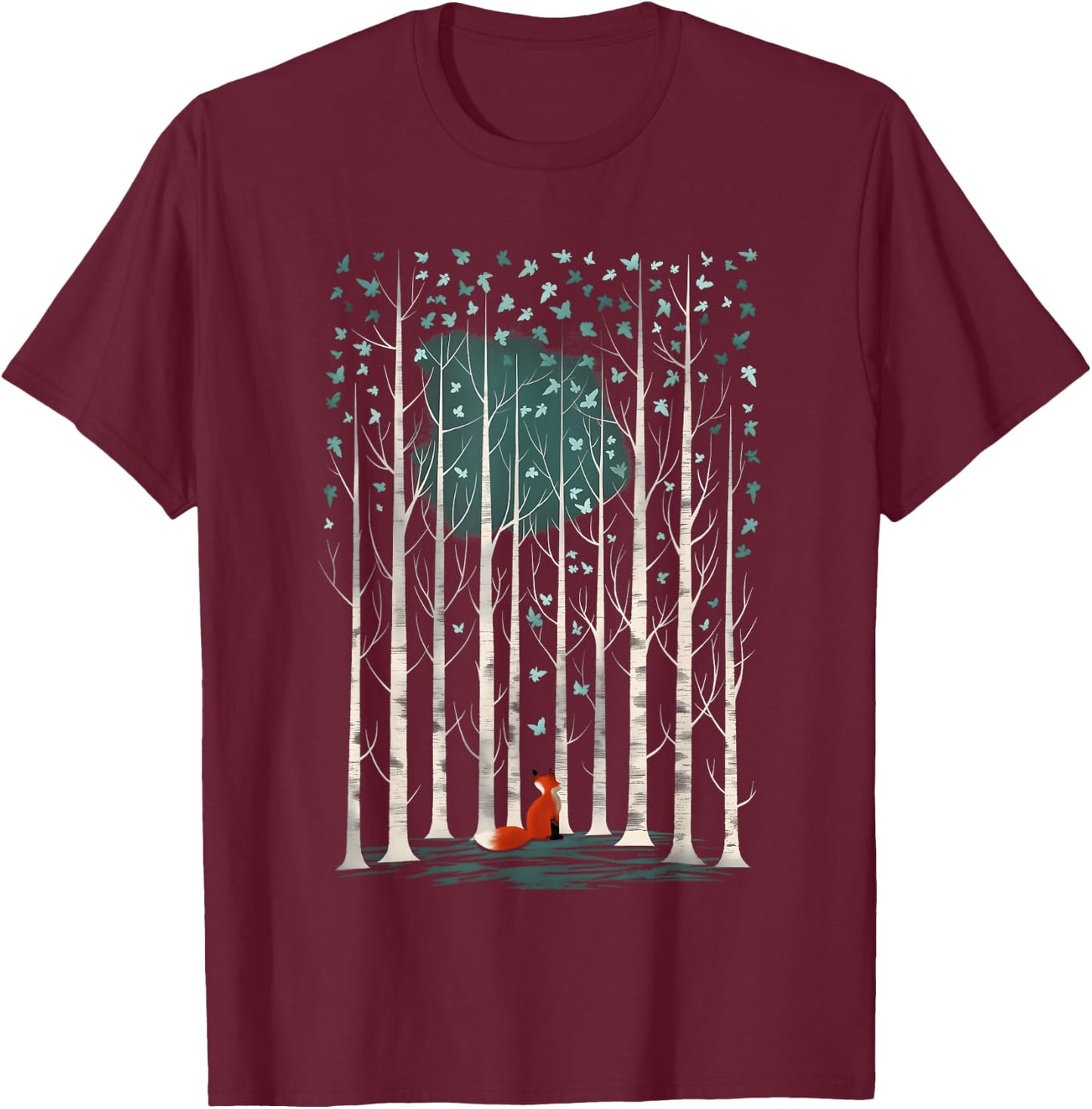The Silent Observer: a fox in forest woods with birch trees T-Shirt - T-Shirt | Maroon