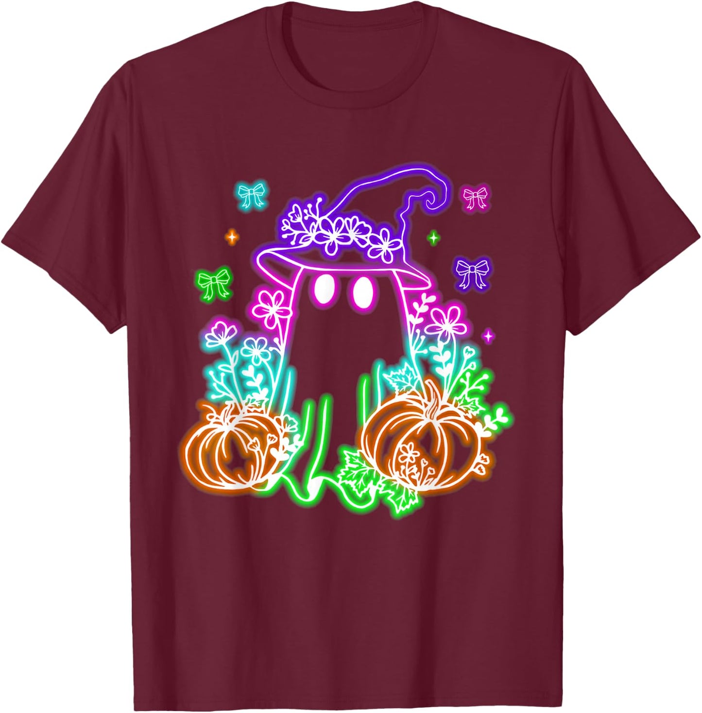 Cute Boo Halloween Ghost Witch Pumpkin Trendy Halloween Neon T-Shirt - T-Shirt | Maroon